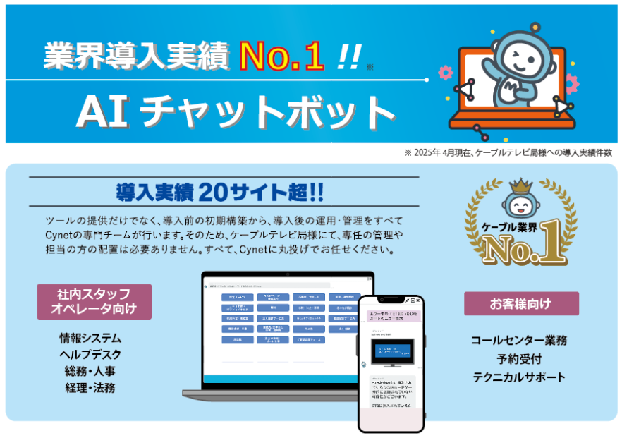 業界導入実績No.1 AIチャットボット。導入実績20サイト超。社内スタッフ・オペレーター向け(情報システム、ヘルプデスク、総務・人事、経理・法務)とお客様向け(コールセンター業務、予約受付、テクニカルサポート)に対応。※2025年4月現在、ケーブルテレビ局様への導入実績件数